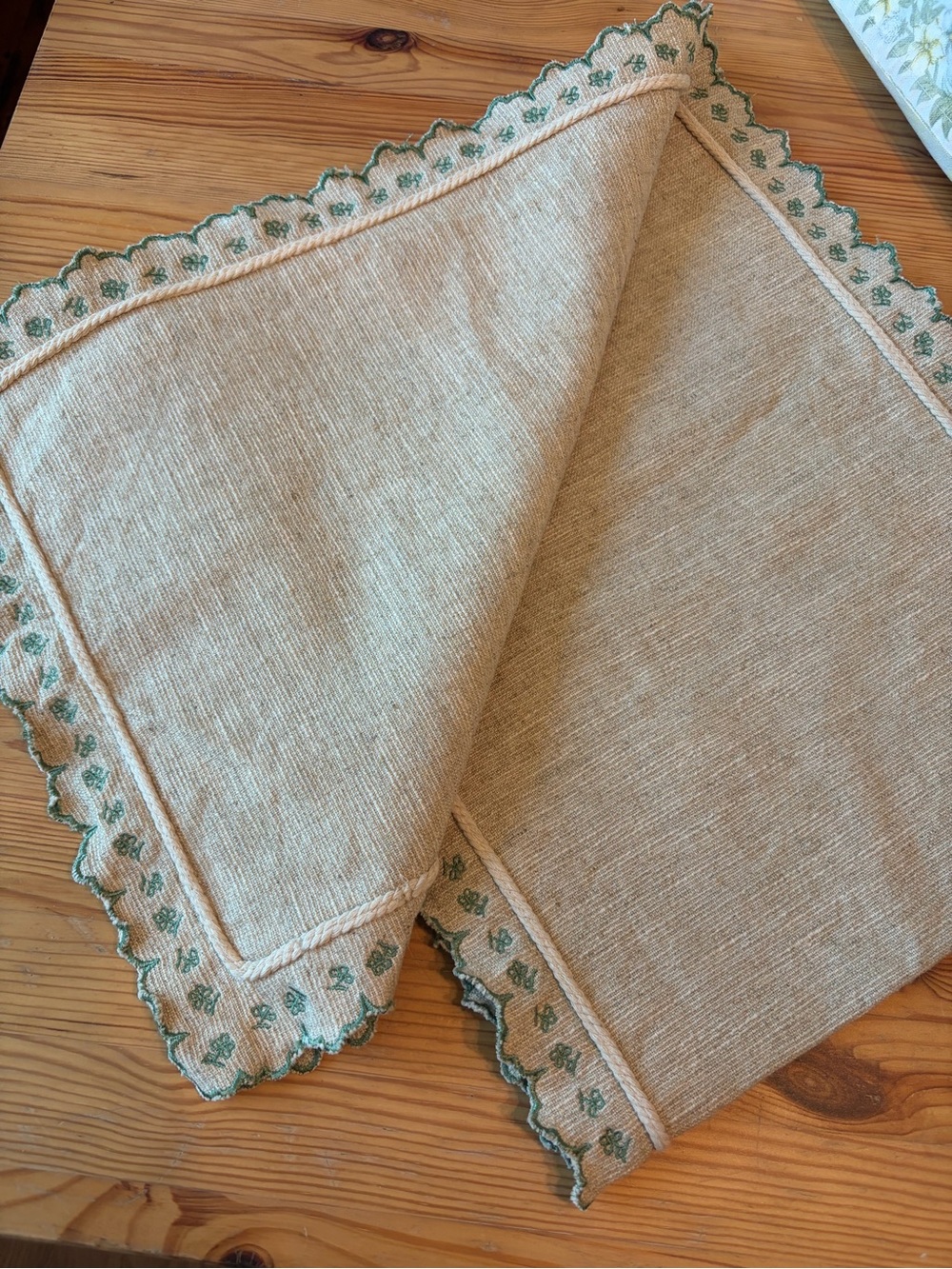 Magnolia Table Runner 66” Beige With Green Embroidered Floral Trim Linen Blend